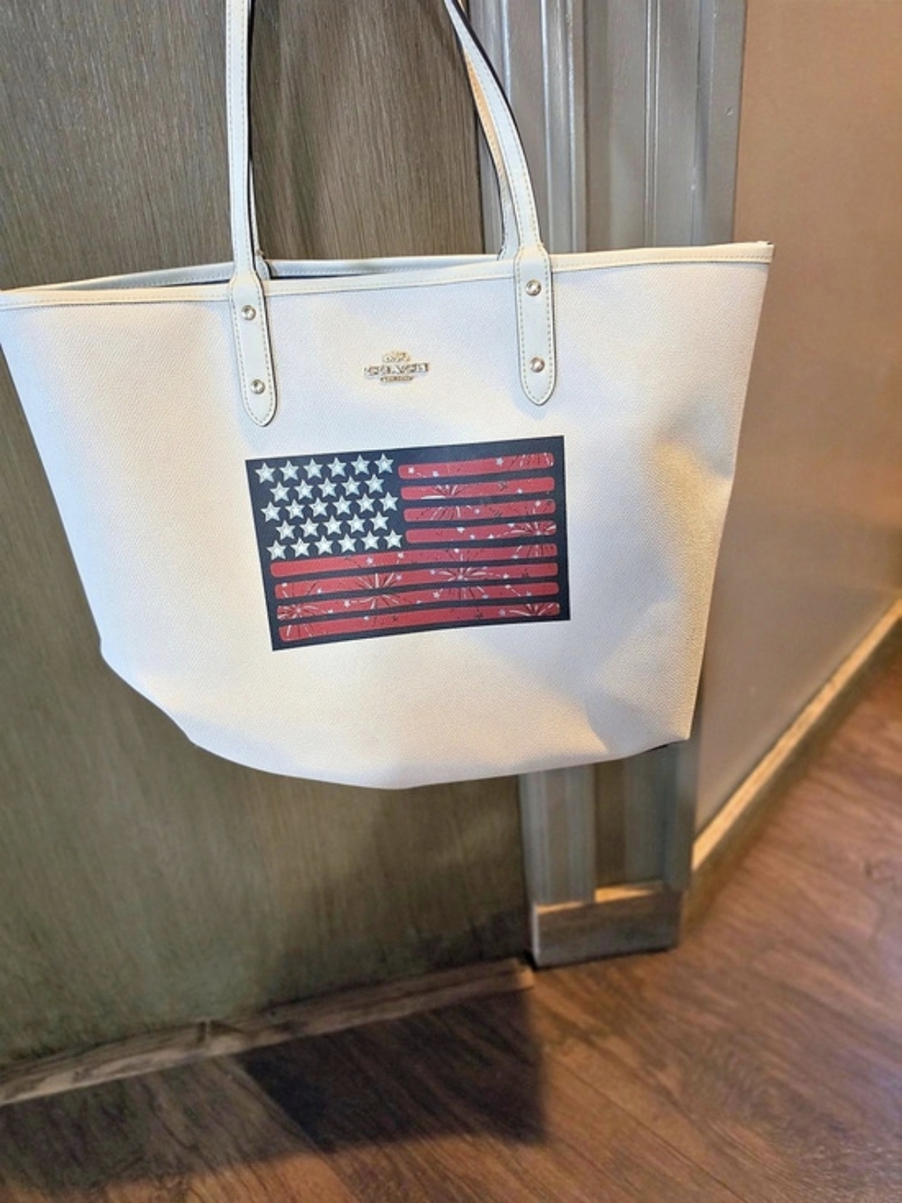 Coach Reversible City Tote In Signature Canvas With Flag White & Blue